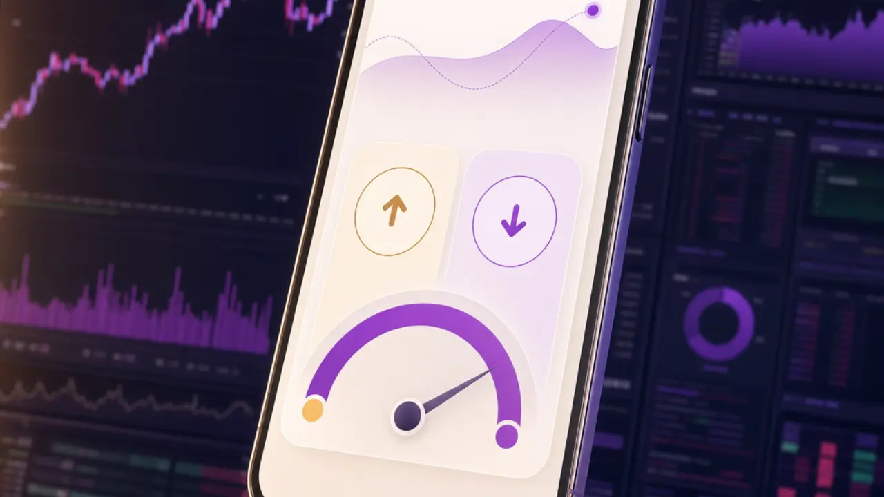 A smartphone showing a clean Yes/No prediction card above a complex trading terminal