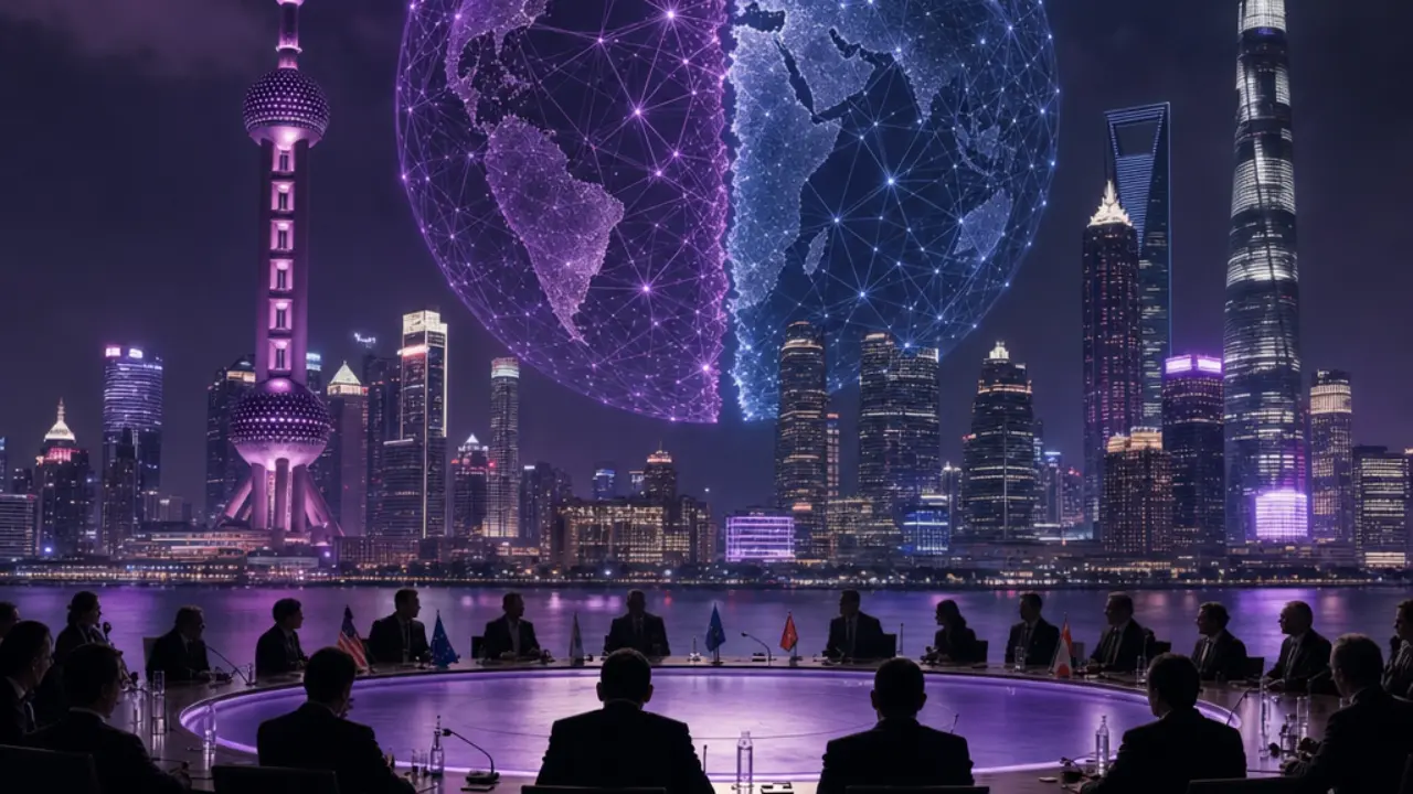 Globe divided into two glowing network hemispheres above the Shanghai skyline, symbolizing competing AI blocs
