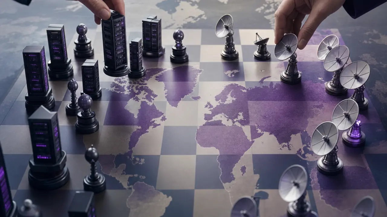 Chessboard overlaid on a world map with data centers and satellites as pieces, symbolizing AI governance competition