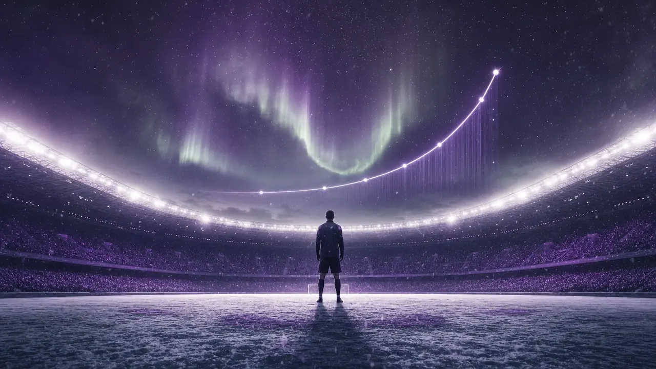 Norway World Cup 2026 run concept with a lone striker under northern lights and a rising probability curve