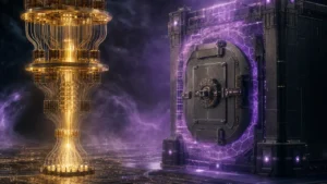 Quantum computing and Bitcoin security concept with a quantum processor confronting an encrypted digital vault
