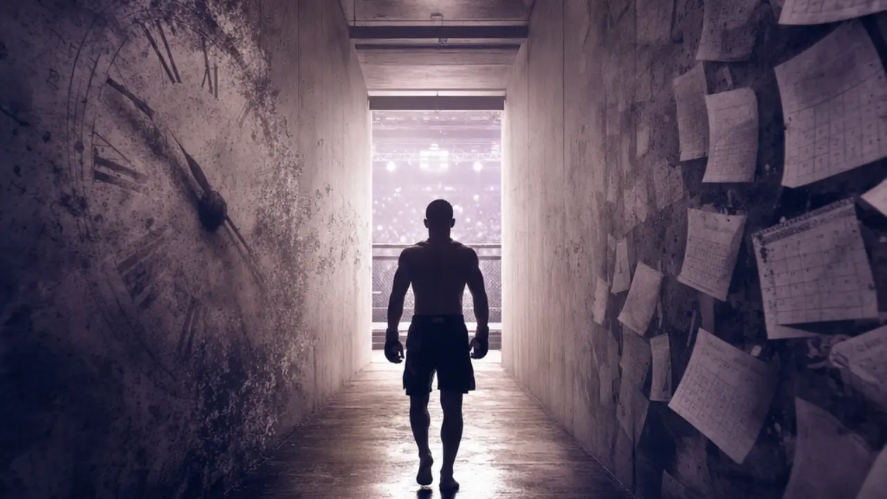 Fighter silhouette walking a long corridor toward arena light, representing Rakhmonov's late-2026 comeback timeline