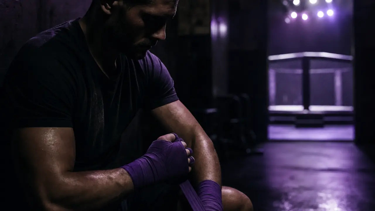 Lone fighter wrapping his hands in a dark gym with a distant lit octagon behind him, symbolizing Shavkat Rakhmonov's long road back