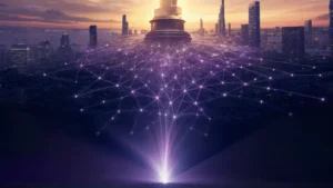 A cinema auditorium with a projector beam forming an abstract web pattern rising toward a glowing number-one trophy over a summer skyline