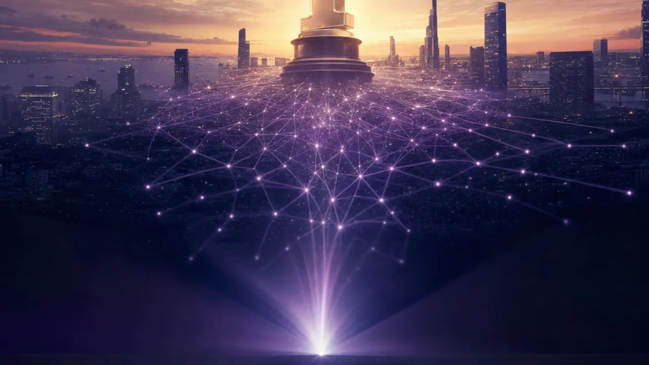 A cinema auditorium with a projector beam forming an abstract web pattern rising toward a glowing number-one trophy over a summer skyline