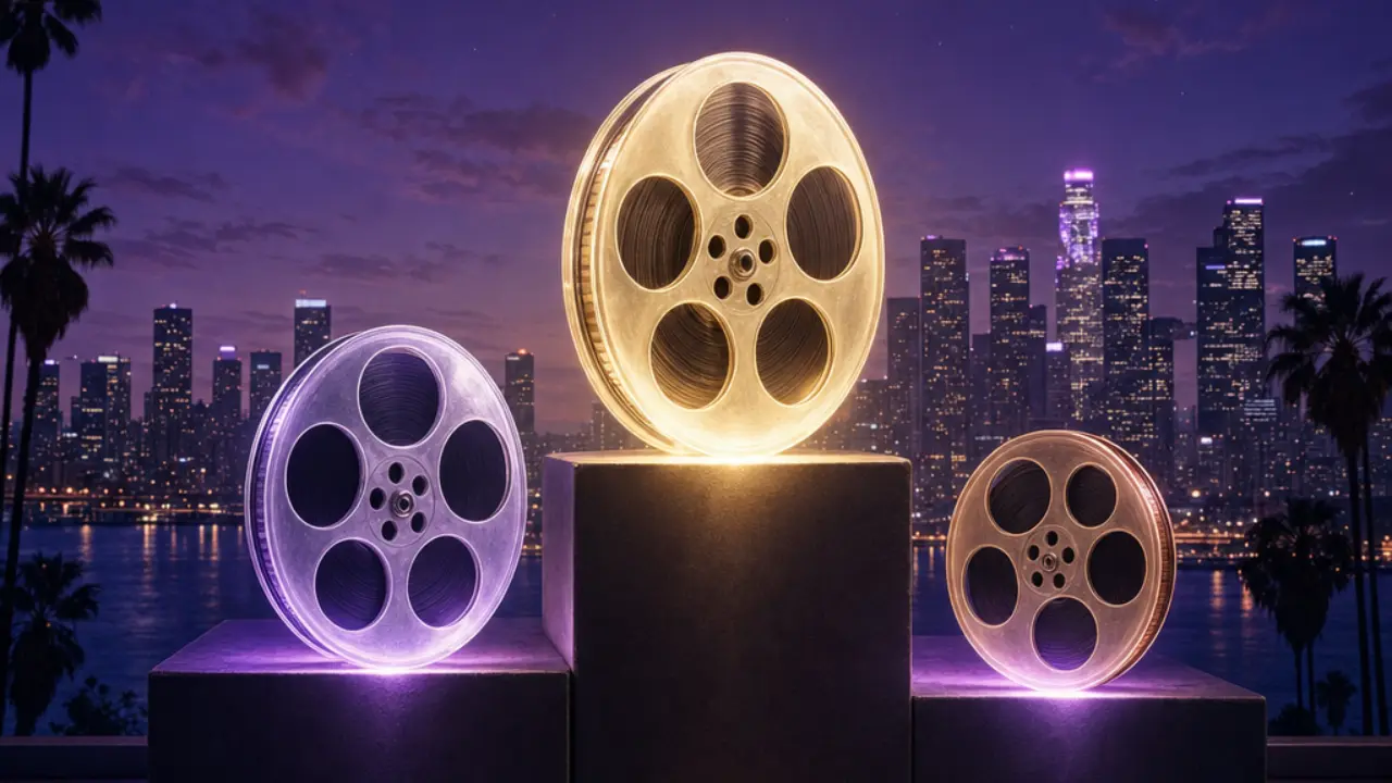 A winner's podium with three glowing film reels of different heights against a summer night skyline, a box-office race