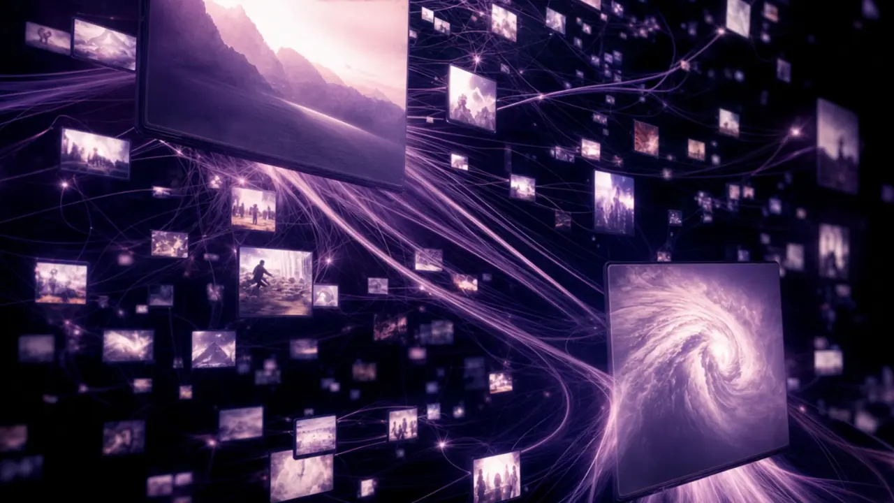 Abstract network of glowing screens connected by luminous threads representing streaming competition