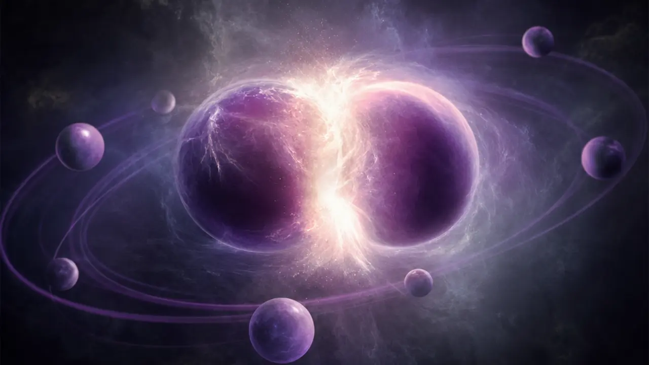 Two large glowing orbs merging into one representing a media merger, smaller orbs orbiting