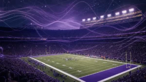 American football stadium at night with abstract probability waves and tactical data overlays above the field