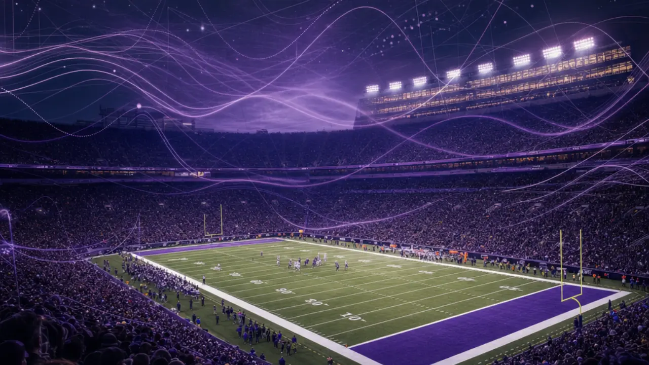 American football stadium at night with abstract probability waves and tactical data overlays above the field