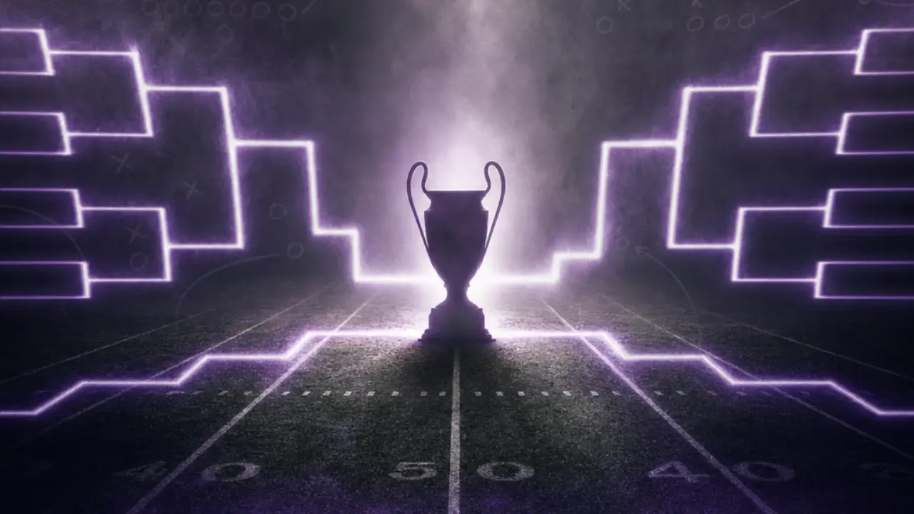 Playoff bracket as converging glowing paths toward a championship trophy on a football field