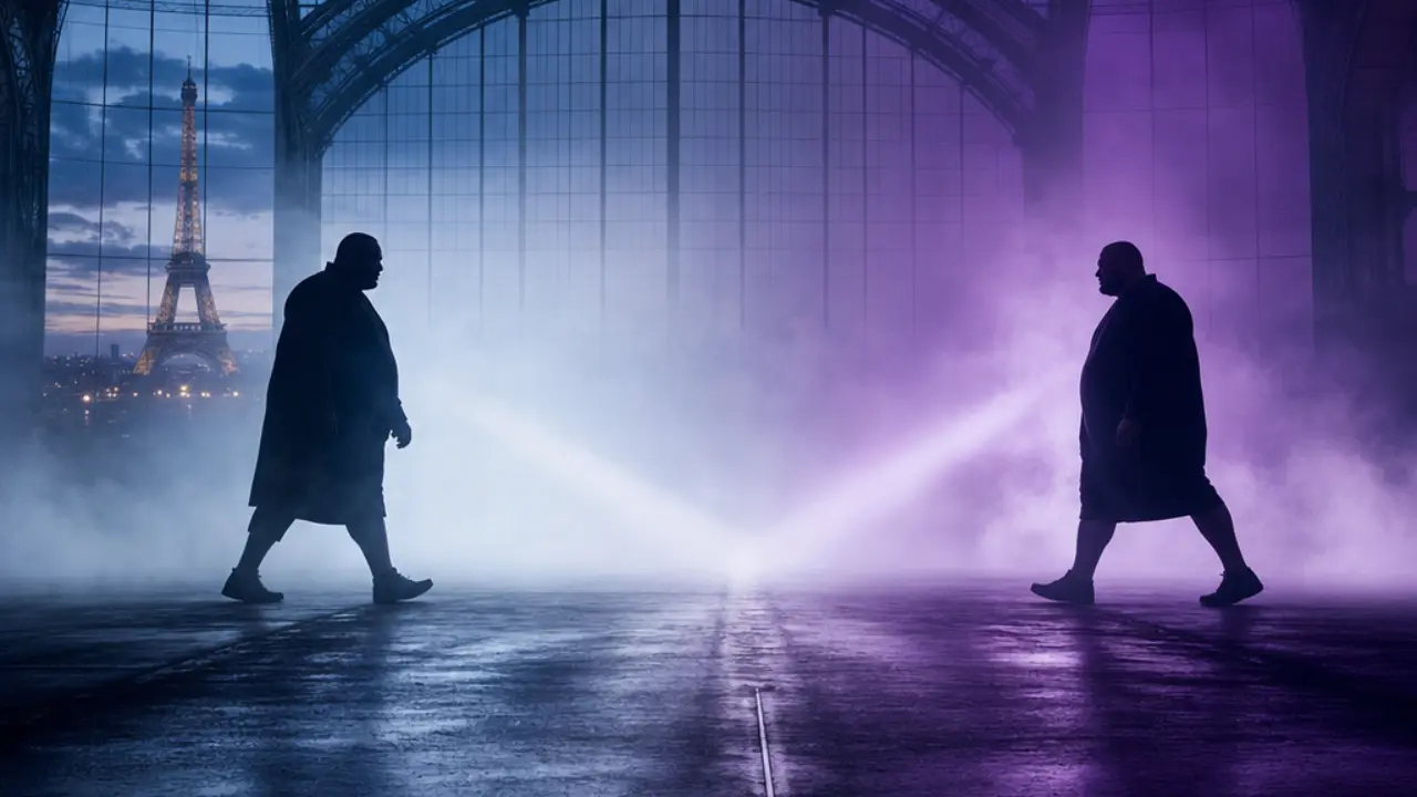 Two heavyweight silhouettes approaching each other in an arena, representing the anticipated Aspinall vs Gane unification rematch