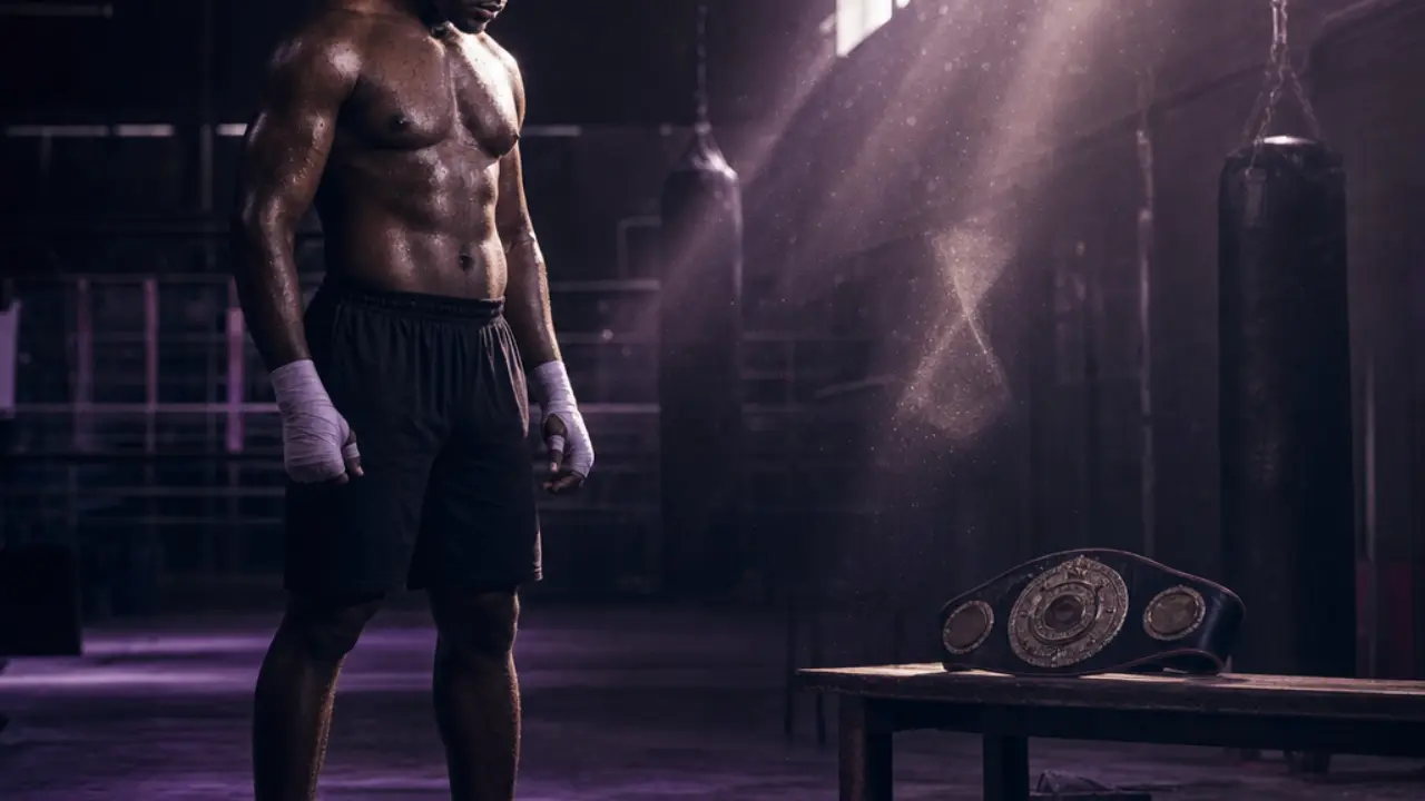 Heavyweight fighter alone in a training gym with a championship belt beside him, symbolizing Tom Aspinall's interrupted title reign