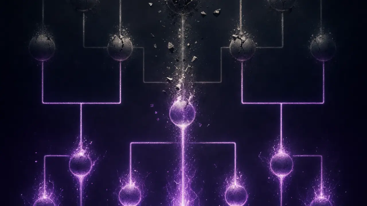 Tournament bracket of light with top nodes collapsing and new ones rising, symbolizing ranking upheaval