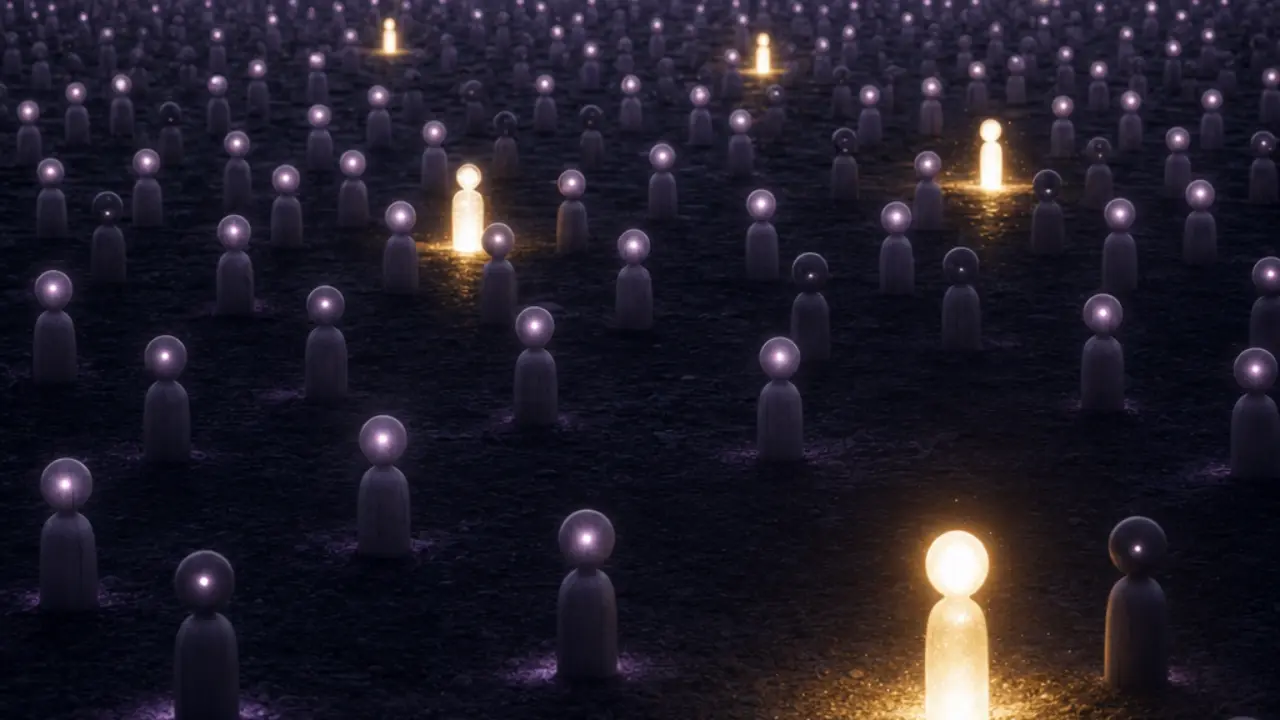 Base rate visualization showing a minority of glowing outcomes lighting up against a larger field