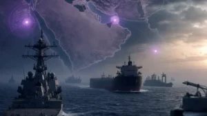 Naval standoff in a strategic Middle East strait with warship and tanker silhouettes under glowing risk signals