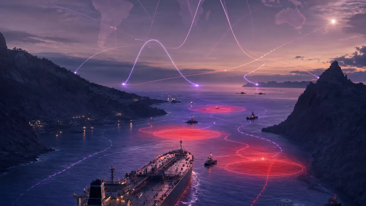 Oil tanker in a narrow strait at dusk with glowing risk zones and abstract escalation pathways overhead