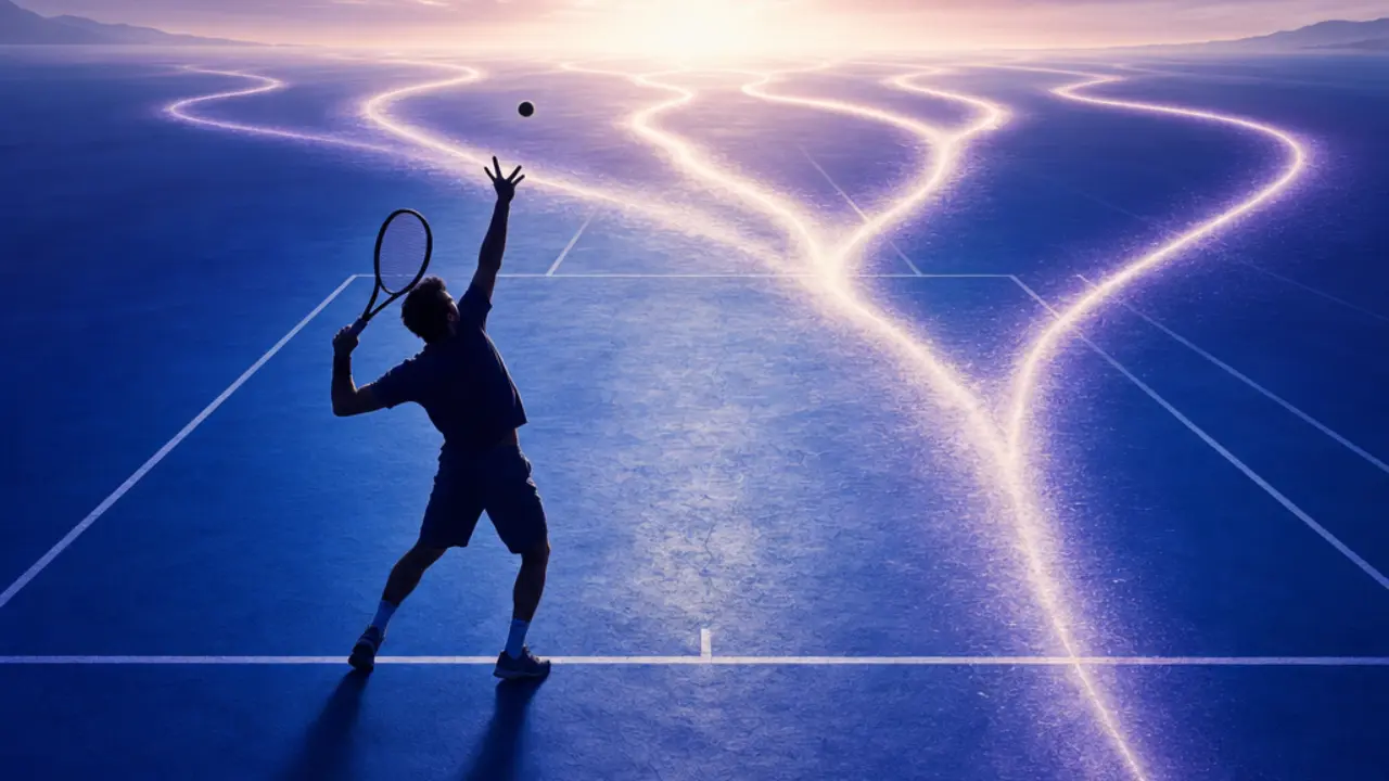 Tennis player silhouette on a blue hard court with branching forecast paths toward the horizon