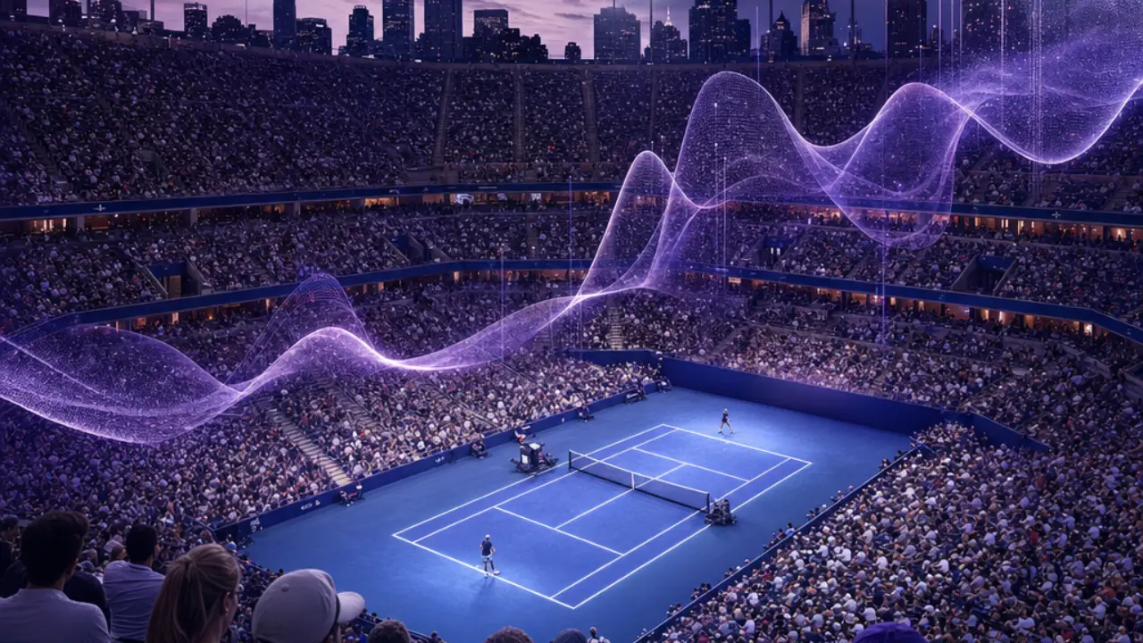 Hard-court tennis stadium at night with probability waves above the court, US Open 2026 forecast concept