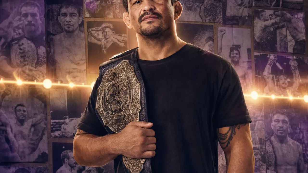 Seasoned champion with belt over shoulder before a wall of faded fight posters, symbolizing Alexander Volkanovski's longevity
