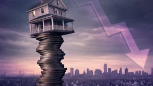 A suburban house balanced on a wobbling tall stack of coins under a darkening sky with a faint downward market arrow