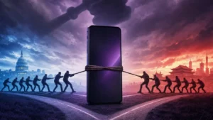 A large smartphone at a crossroads beneath a looming gavel, pulled by a tug-of-war rope between two horizons, representing the TikTok ban question