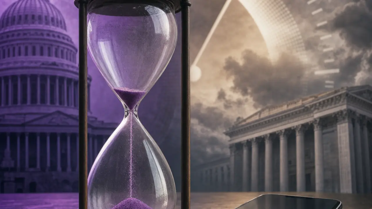 A low-running hourglass beside a smartphone with a countdown motif, evoking a policy deadline