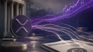 XRP price forecast concept with glowing market data streams and diverging trend paths over a financial landscape