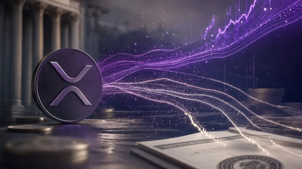 XRP price forecast concept with glowing market data streams and diverging trend paths over a financial landscape