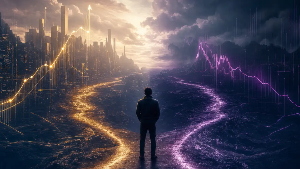 Diverging bullish and bearish scenario paths for XRP visualized as glowing routes over abstract market data