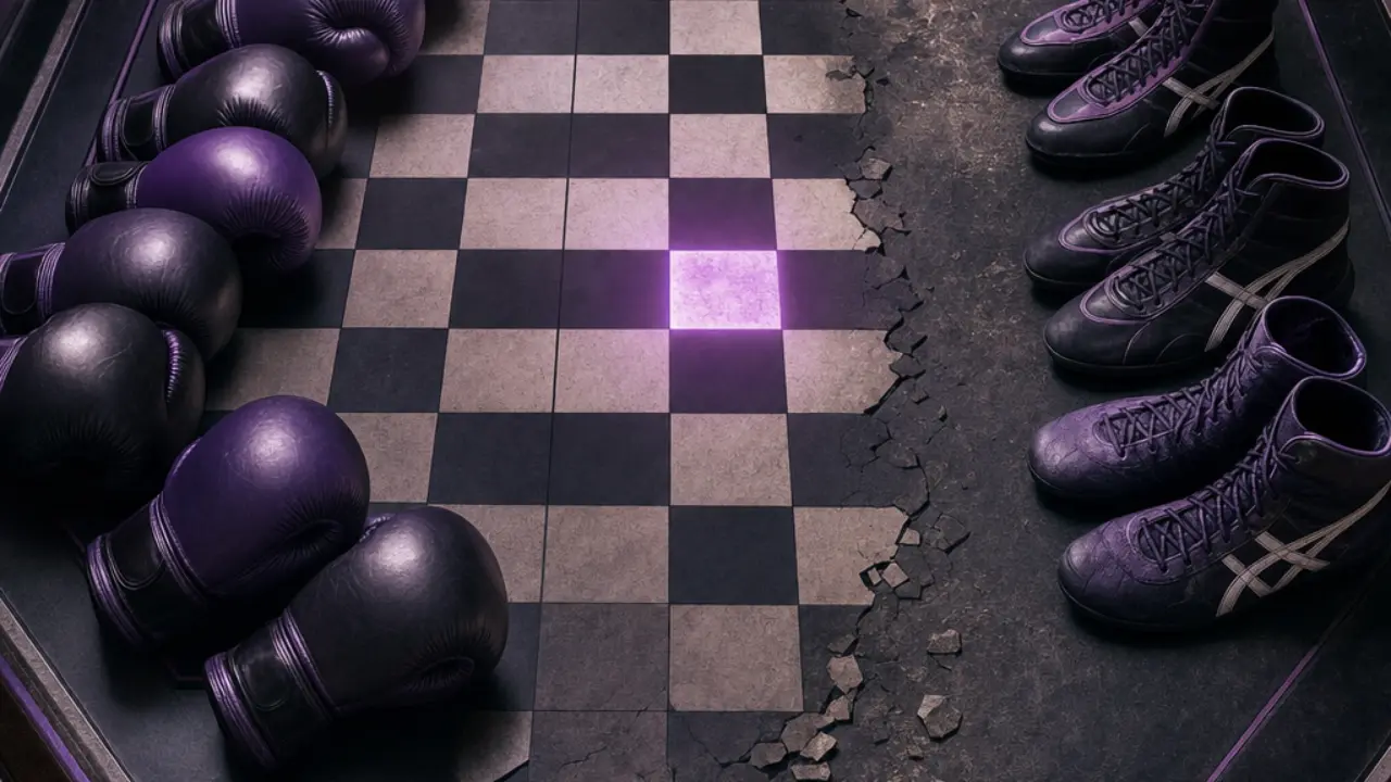 Chessboard dissolving into an octagon with boxing gloves and wrestling shoes on opposite sides, representing the tactical Yan vs Merab rivalry