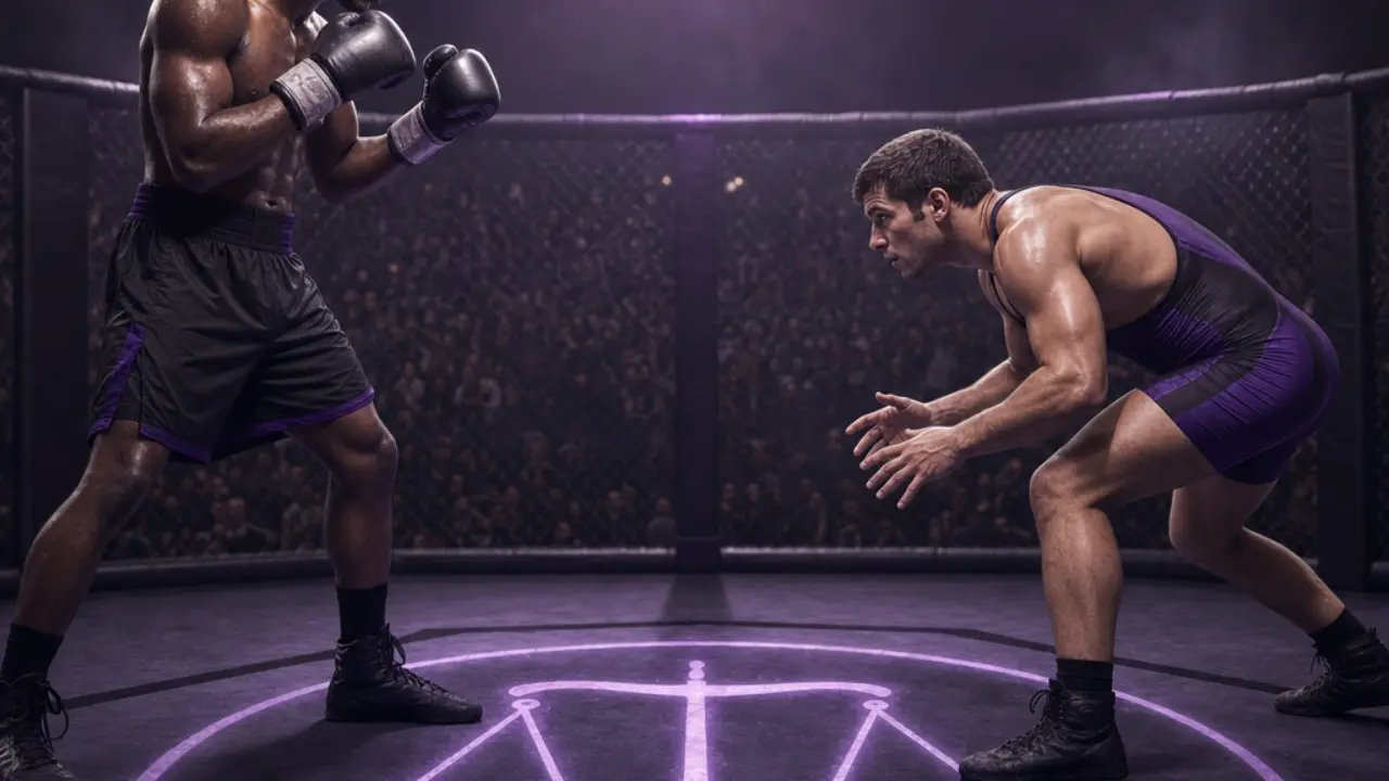 Two evenly matched fighters in boxing and wrestling stances facing off across a balanced scale, symbolizing the tied Yan vs Merab trilogy