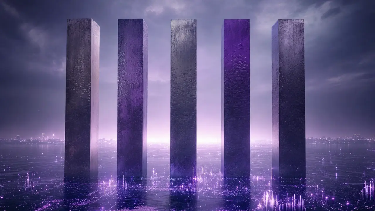 Five abstract pillars of nearly equal height representing closely matched contenders