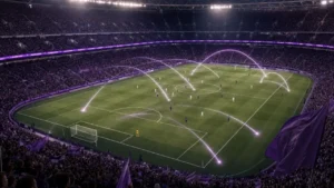 European football stadium at night with abstract probability arcs sweeping across the pitch