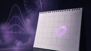 Conceptual illustration of a calendar with a single circled date surrounded by probability curves