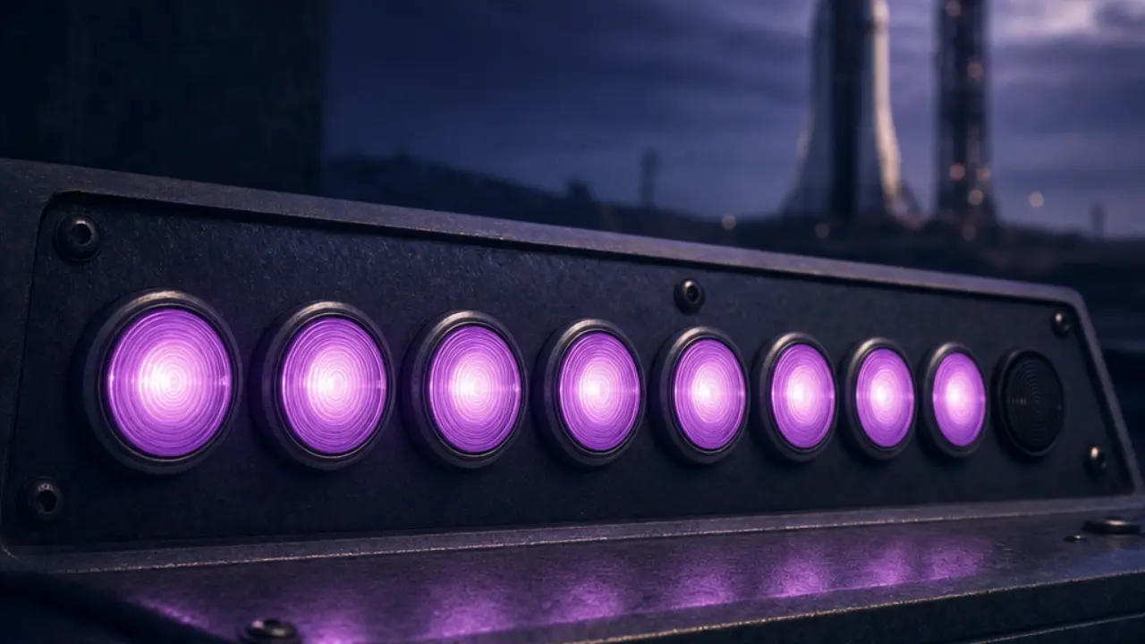 Illustration of signal lamps on a control console, most lit and one still dark, representing launch readiness checkpoints