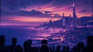 Cinematic screen showing a neon coastal cityscape with silhouetted viewers watching