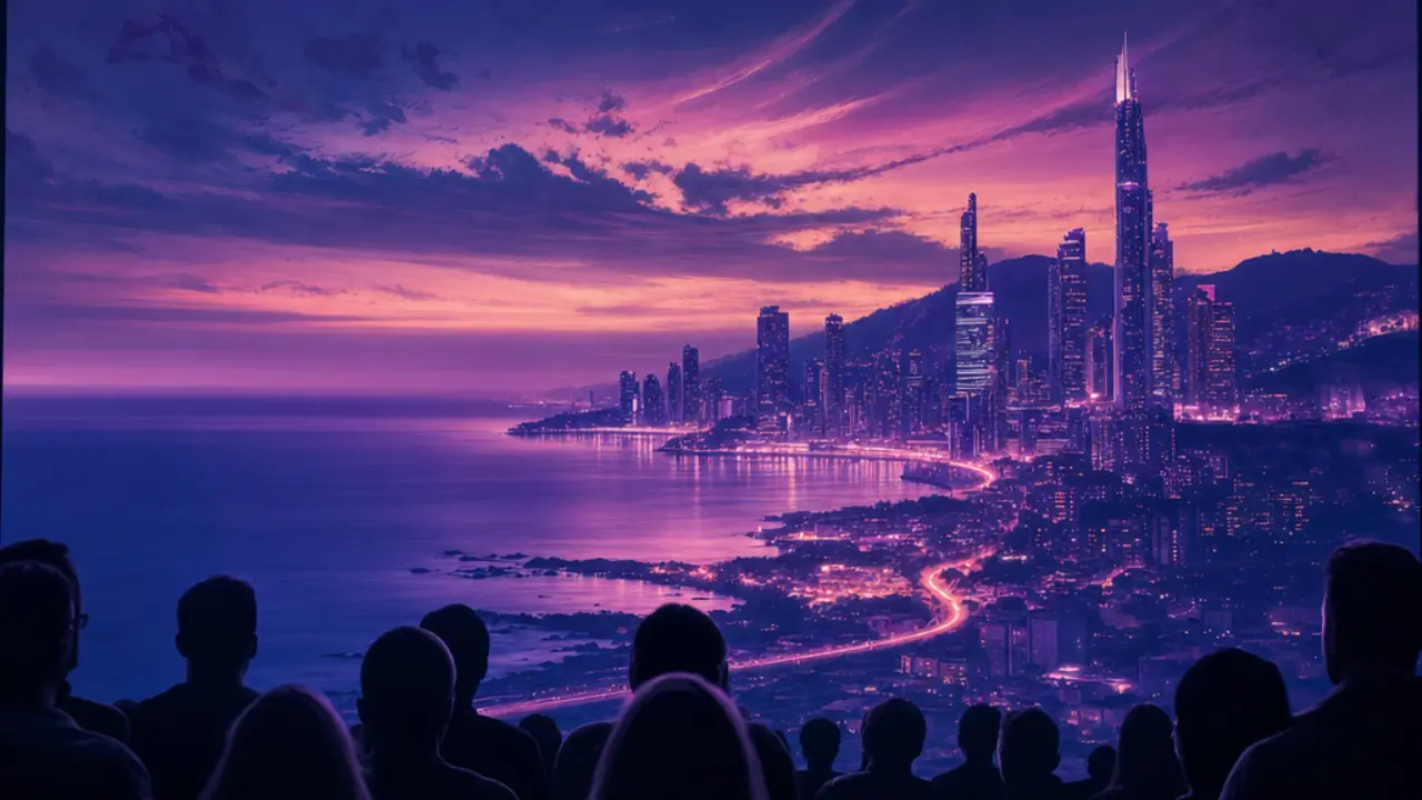 Conceptual illustration of a cinematic screen showing a neon coastal cityscape with silhouetted viewers watching
