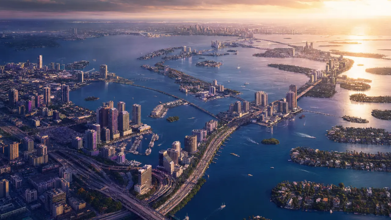 Aerial illustration of a vast coastal metropolis with waterways and highways stretching to the horizon