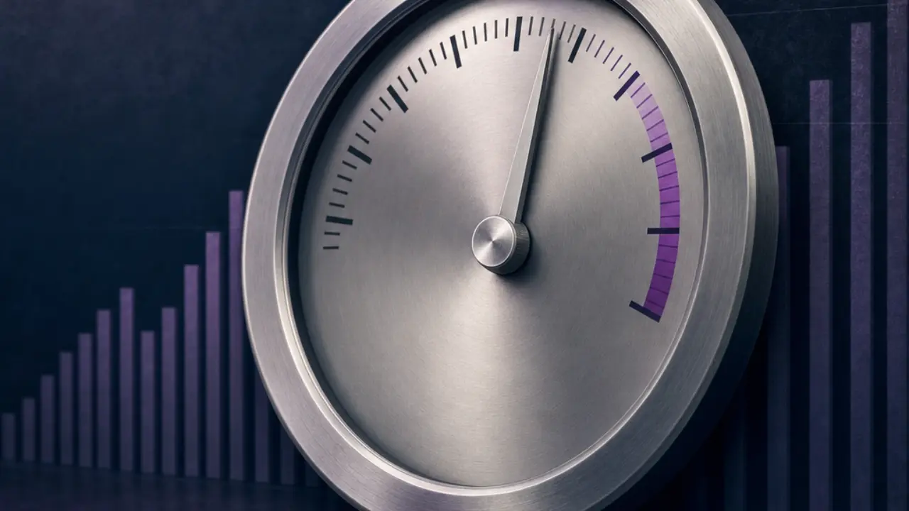 Conceptual illustration of a metal scoring dial with the needle near the top of its range against a dark backdrop