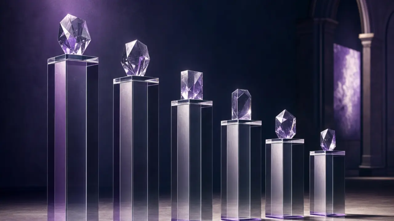 Illustration of glass award pedestals of descending height under gallery lighting
