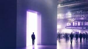 A large private technology structure crossing a threshold into an open trading floor space