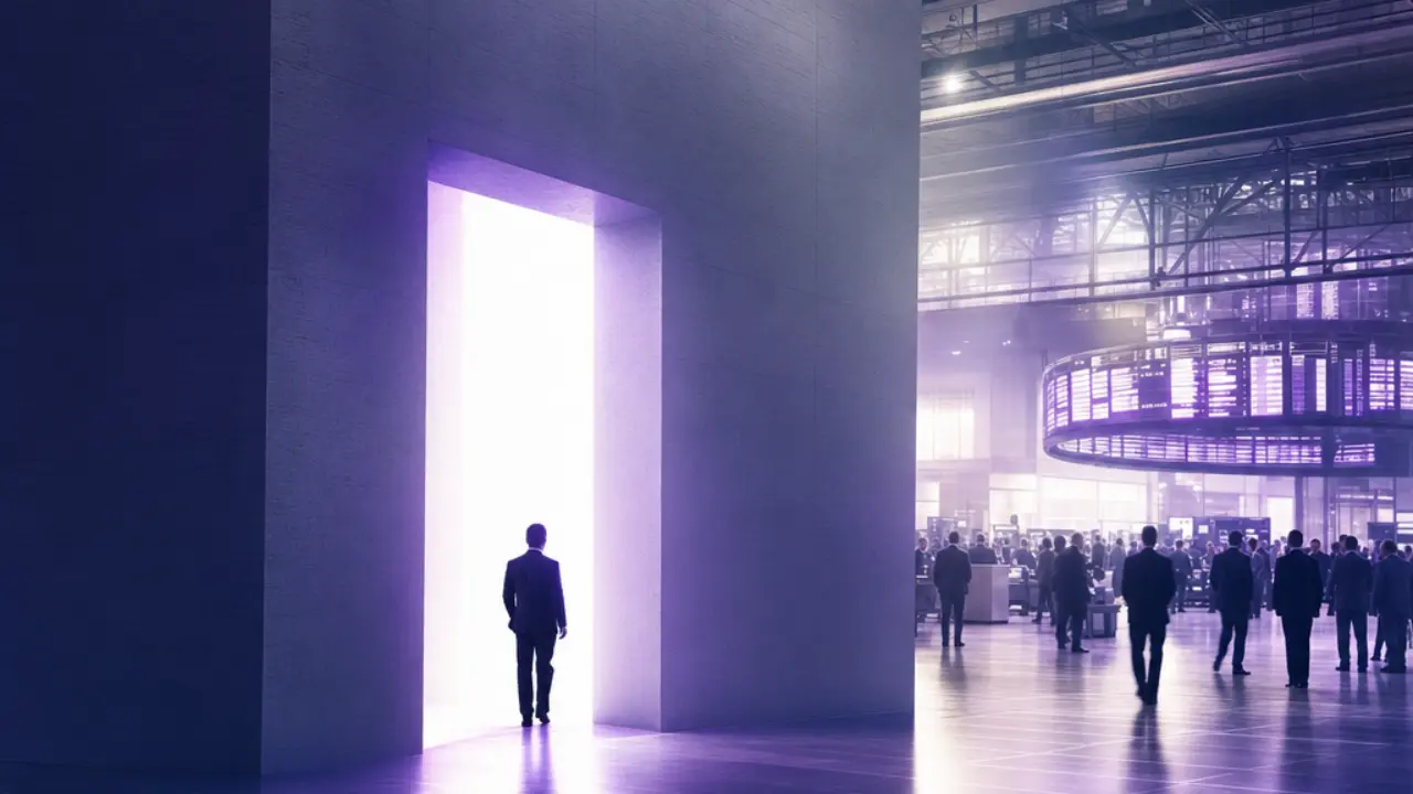 A large private technology structure crossing a threshold into an open trading floor space