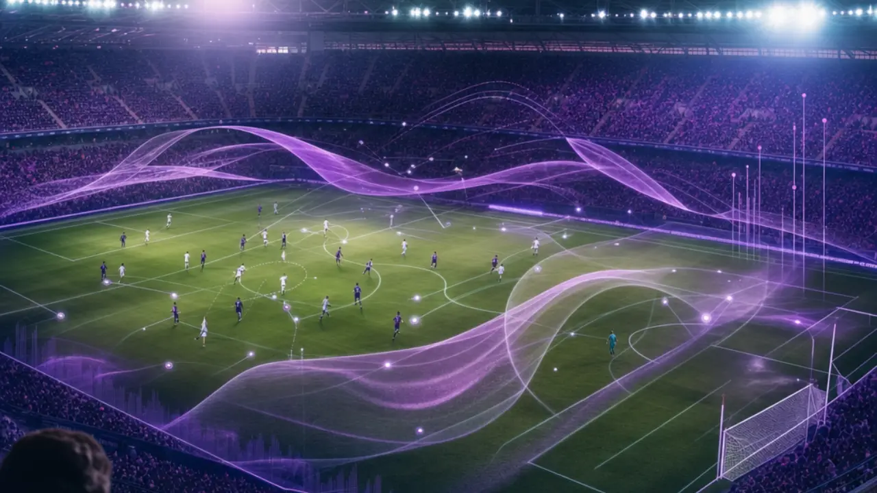 Floodlit football stadium at dusk with probability waves flowing over the pitch