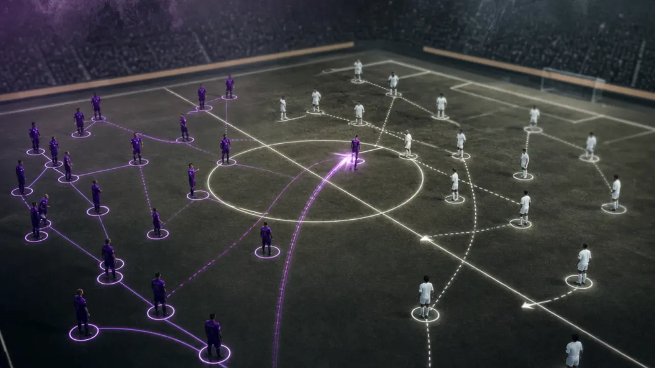 Tactical formations reconfiguring on a data-lit pitch representing managerial change