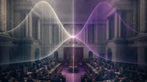 Legislative chamber architecture with probability curves converging over a narrow balance point