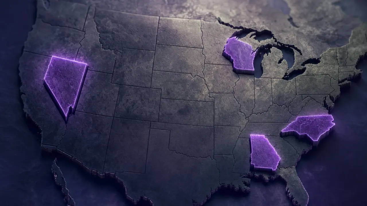 A small number of glowing contested regions highlighted across an abstract national map
