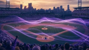 Baseball stadium at dusk with abstract probability waves rippling over the infield