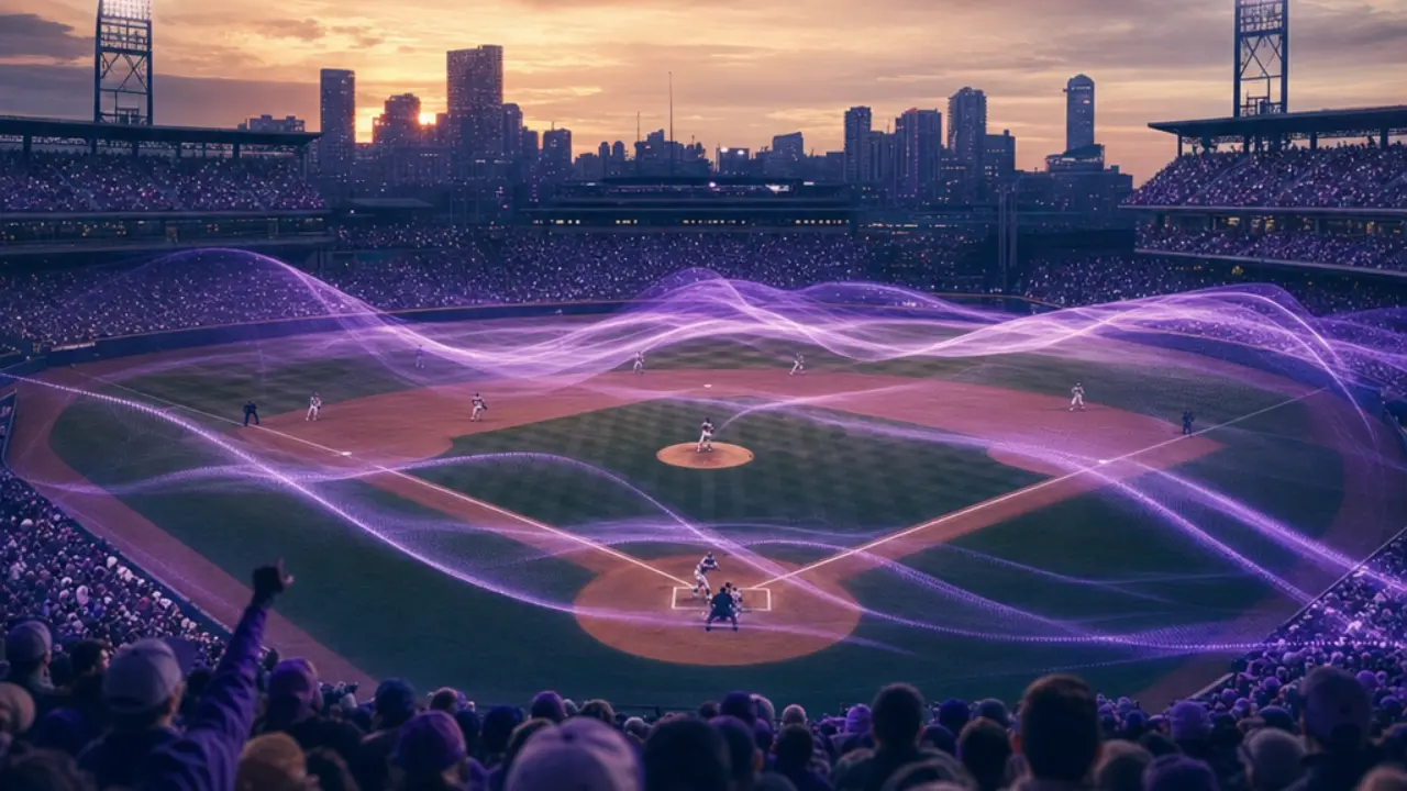 Baseball stadium at dusk with abstract probability waves rippling over the infield